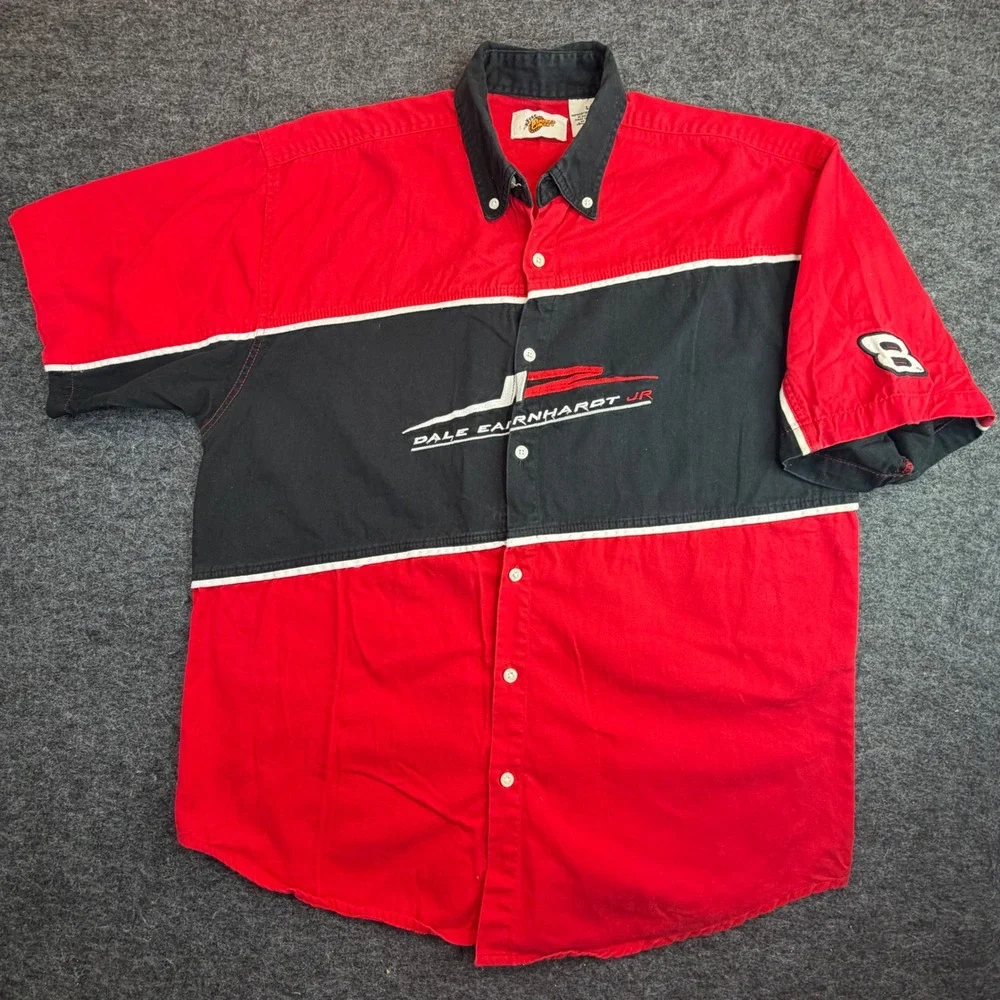 Dale Earnhardt Jr Shirt Mens Large Red NASCAR Racing No 8 Garage‎ S/S Button Up
